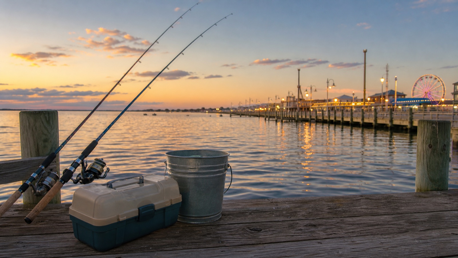 Fishing rods and tackle on a quiet dock near a glowing Jersey Shore boardwalk with no people visible